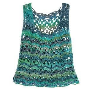 Handmade Crochet Vest Top Blue Green Ombre Lace Boho Summer Beach Cover Up